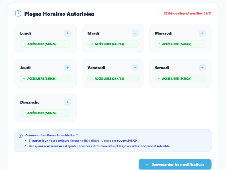 Vue du modèle de sélection des horaires accessibles aux utilisateurs de la plateforme