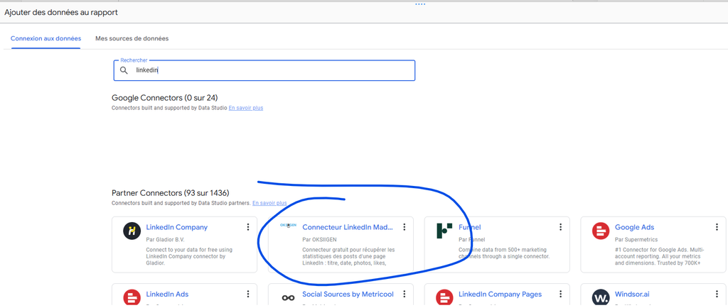 Capture d'écran connecteur linkedin data studio gratuit
